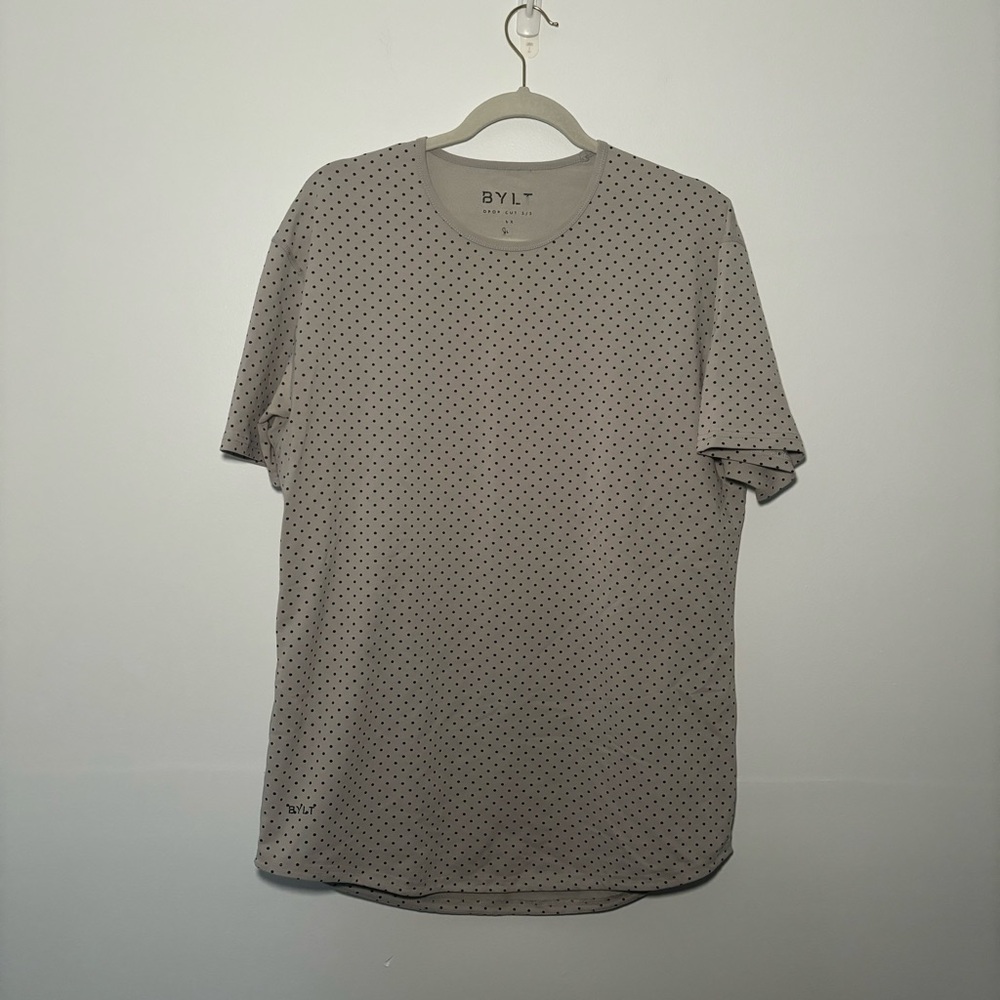 BYLT Men’s Lux Drop Cut Grey Polka Dot Stretch Performance Shirt Size Large